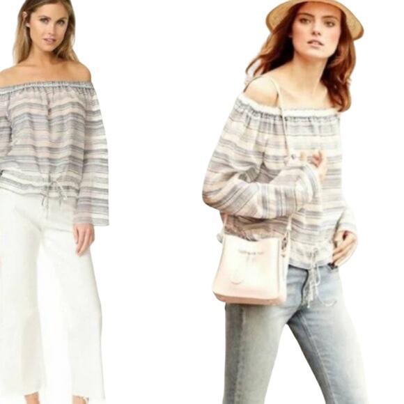 Theory Women's Odettah Off-Shoulder Striped Top Size Petite Medium Blue White - Picture 5 of 7